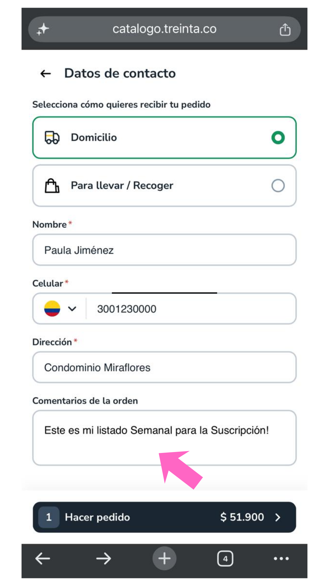 Campo de comentarios del pedido en la tienda online de Vitale